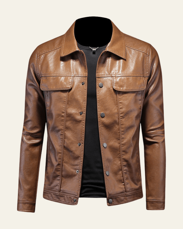 Men's Faux Leather Trucker Jacket Spread Collar Press-Stud Chest-Pocket Biker