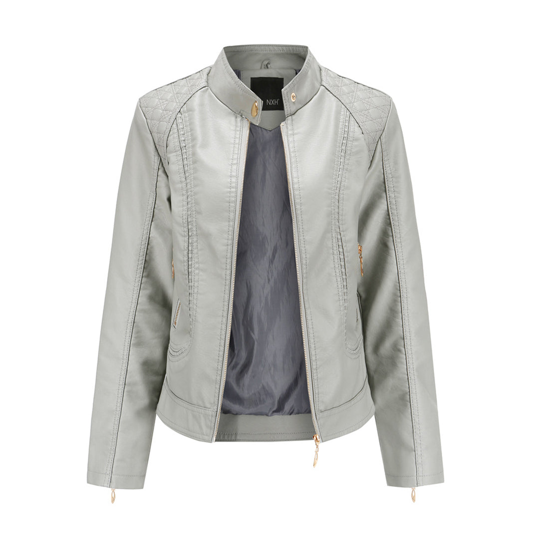 Women's Faux Leather Moto Jacket Stand Collar Zip-Up Quilted Shoulder