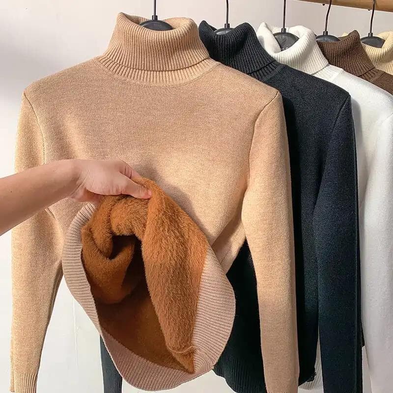 Women's Fleece Lined Turtleneck Sweater Ribbed Slim Warm Long-Sleeve