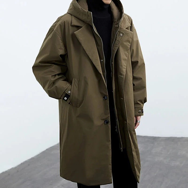 Men's Hooded Puffer Trench Coat Longline Zip-Up Waterproof Padded