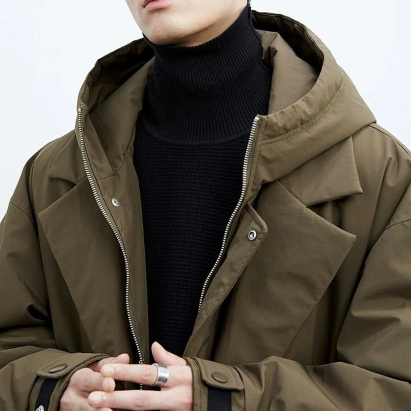 Men's Hooded Puffer Trench Coat Longline Zip-Up Waterproof Padded