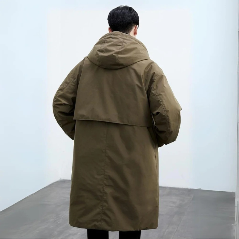 Men's Hooded Puffer Trench Coat Longline Zip-Up Waterproof Padded