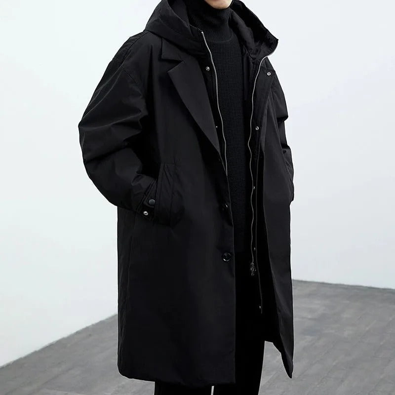 Men's Hooded Puffer Trench Coat Longline Zip-Up Waterproof Padded