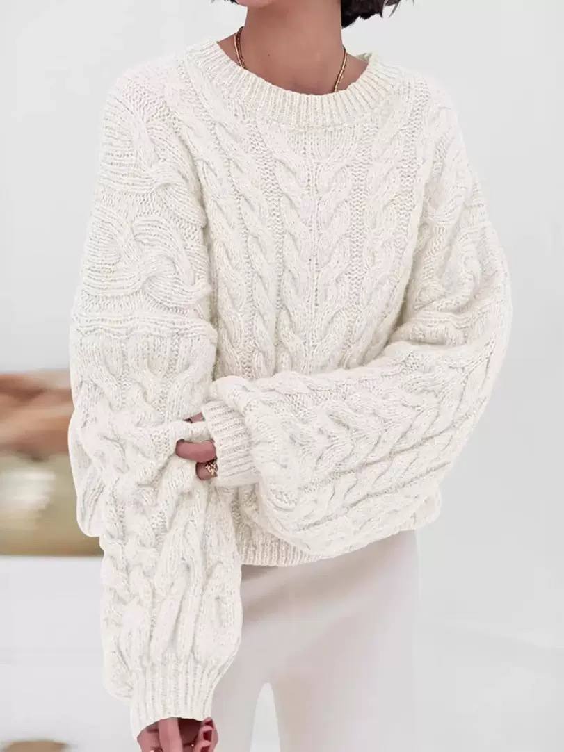 Women's Oversized Cable Knit Sweater Crewneck Aran Chunky Drop-Shoulder Relaxed