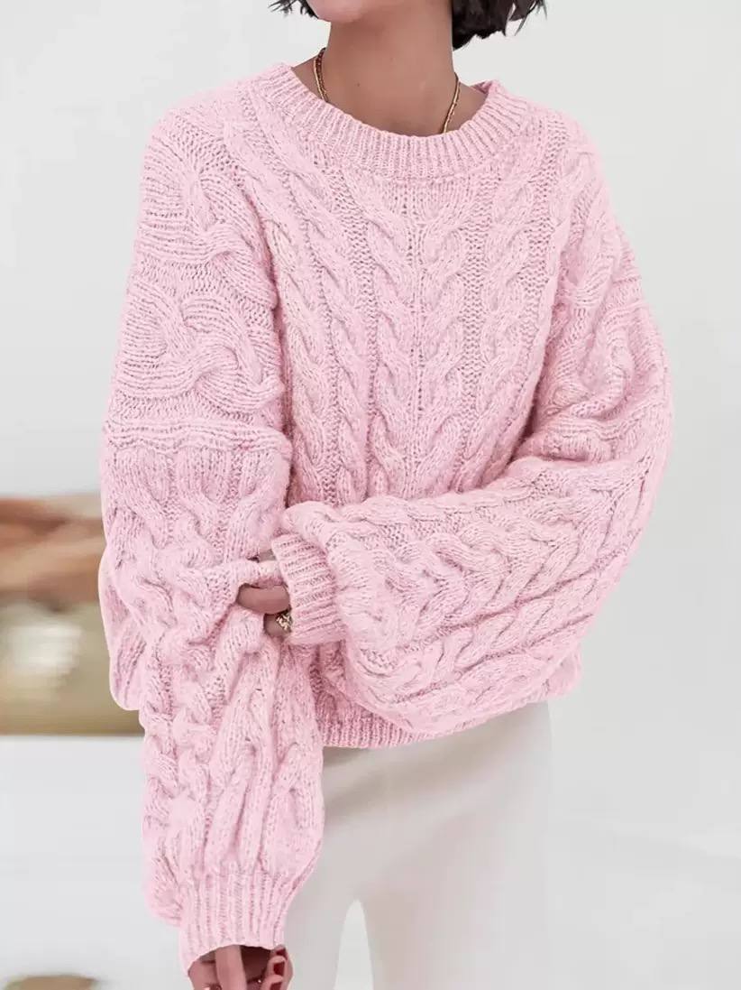 Women's Oversized Cable Knit Sweater Crewneck Aran Chunky Drop-Shoulder Relaxed