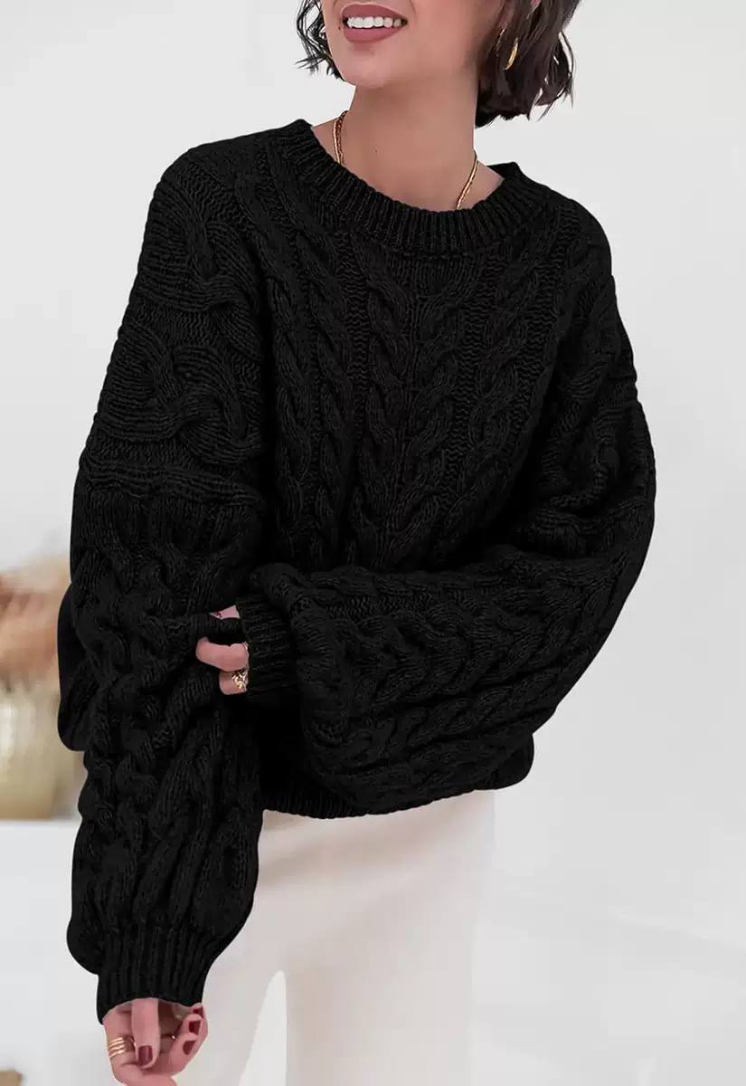 Women's Oversized Cable Knit Sweater Crewneck Aran Chunky Drop-Shoulder Relaxed