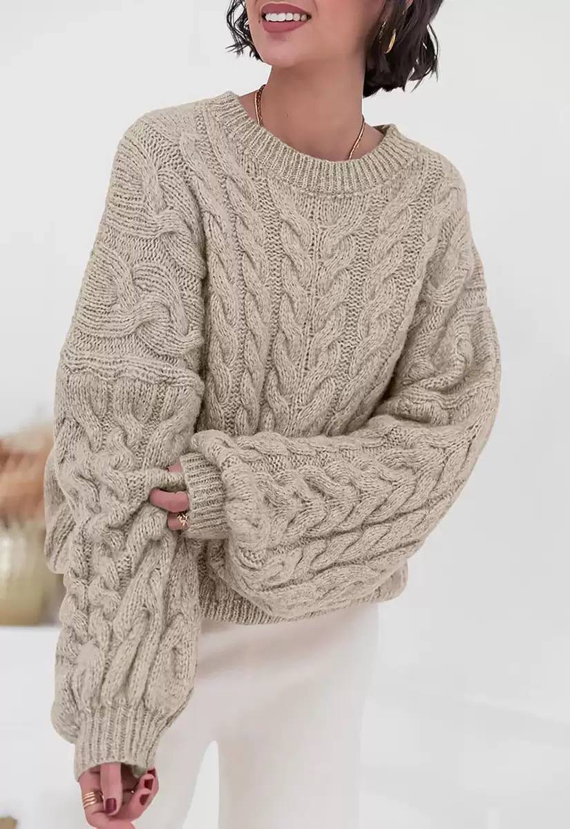 Women's Oversized Cable Knit Sweater Crewneck Aran Chunky Drop-Shoulder Relaxed