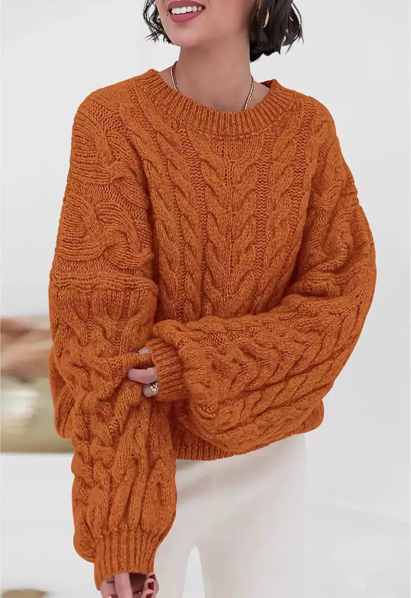 Women's Oversized Cable Knit Sweater Crewneck Aran Chunky Drop-Shoulder Relaxed