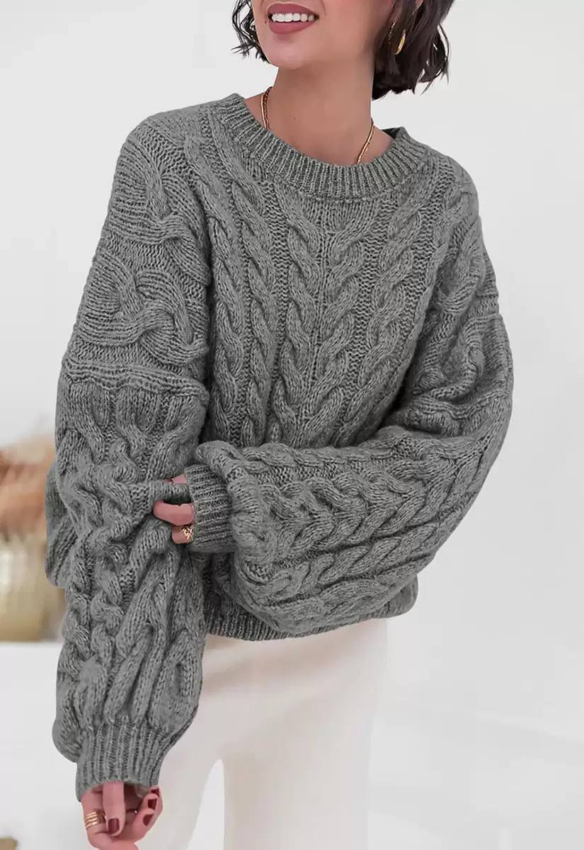 Women's Oversized Cable Knit Sweater Crewneck Aran Chunky Drop-Shoulder Relaxed