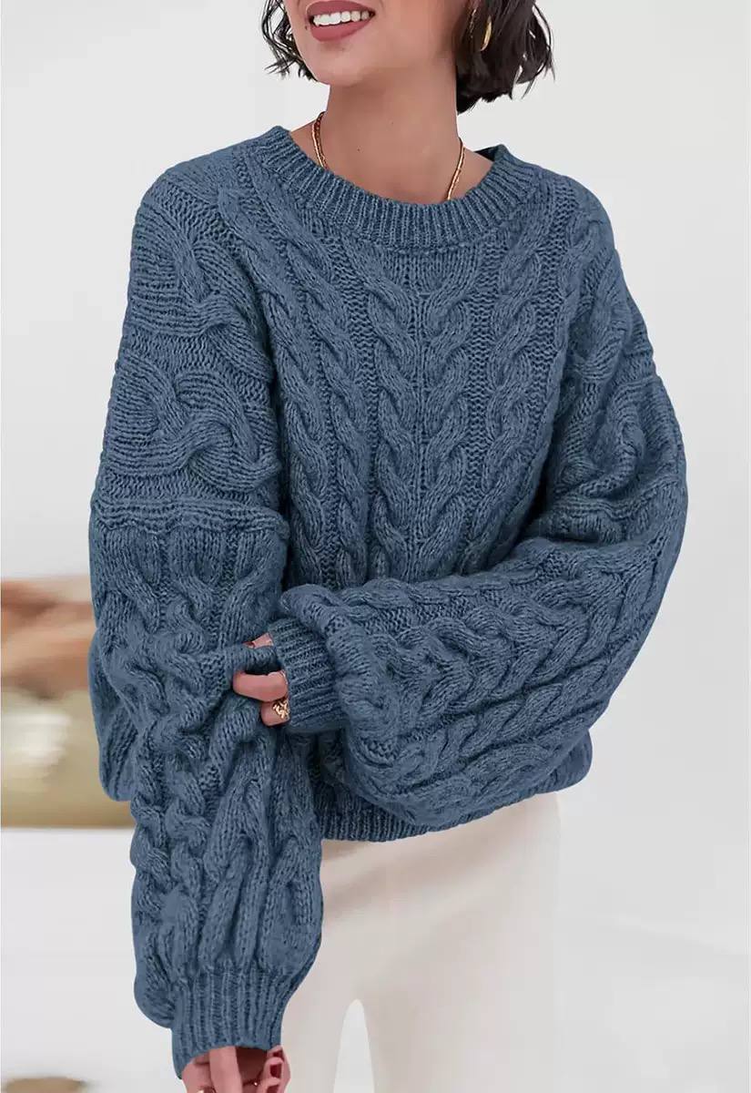 Women's Oversized Cable Knit Sweater Crewneck Aran Chunky Drop-Shoulder Relaxed