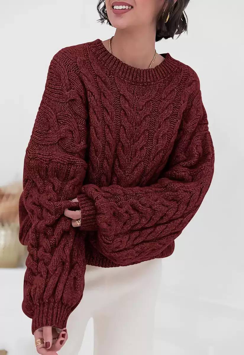 Women's Oversized Cable Knit Sweater Crewneck Aran Chunky Drop-Shoulder Relaxed