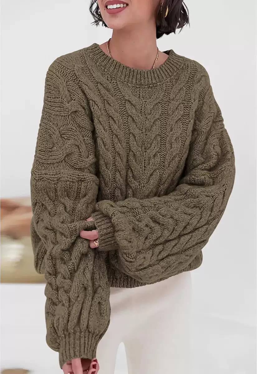 Women's Oversized Cable Knit Sweater Crewneck Aran Chunky Drop-Shoulder Relaxed