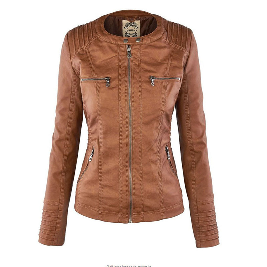 Women's Faux Leather Moto Jacket Band Collar Zip-Up Fitted Hooded