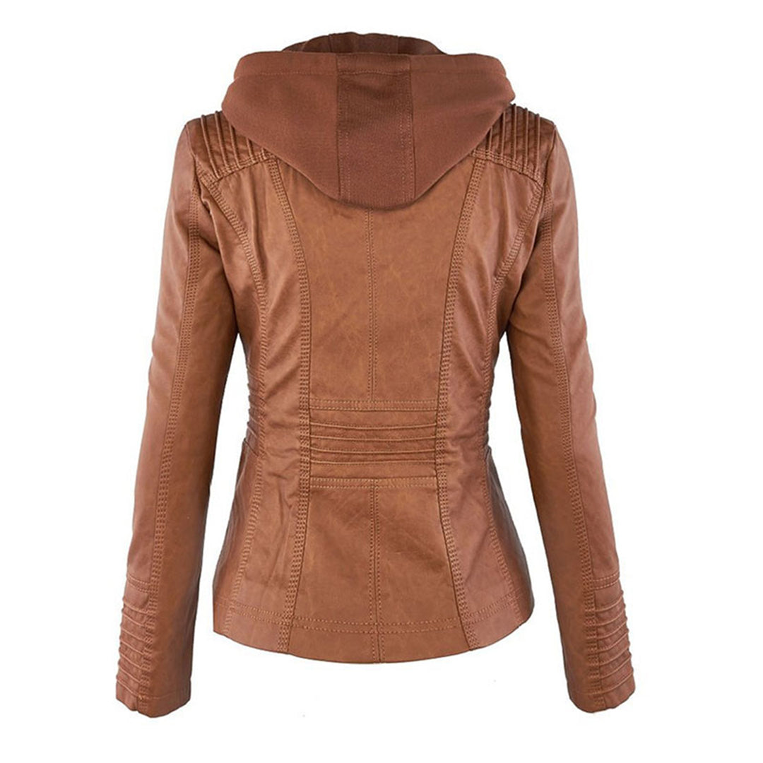 Women's Faux Leather Moto Jacket Band Collar Zip-Up Fitted Hooded