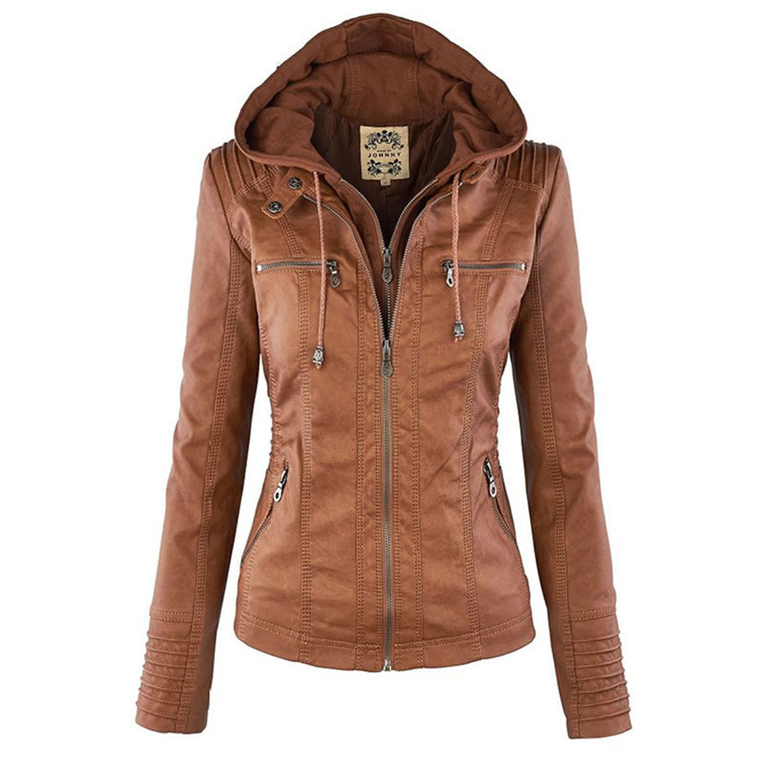 Women's Faux Leather Moto Jacket Band Collar Zip-Up Fitted Hooded
