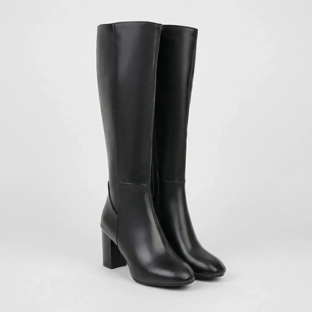Women's Leather Knee-High Boots Block Heel Round-Toe Side-Zip