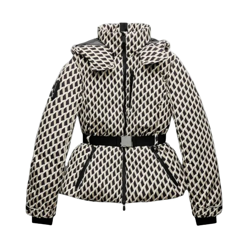 Women's Geometric Print Puffer Jacket Belted Hooded Quilted Full-Zip