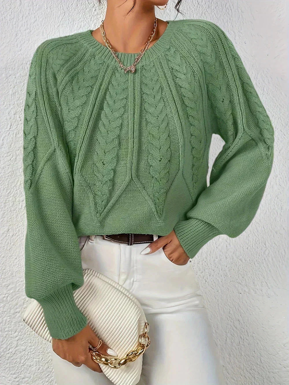 Women's Cable Knit Sweater Crewneck Raglan Sleeve Textured Relaxed Cozy