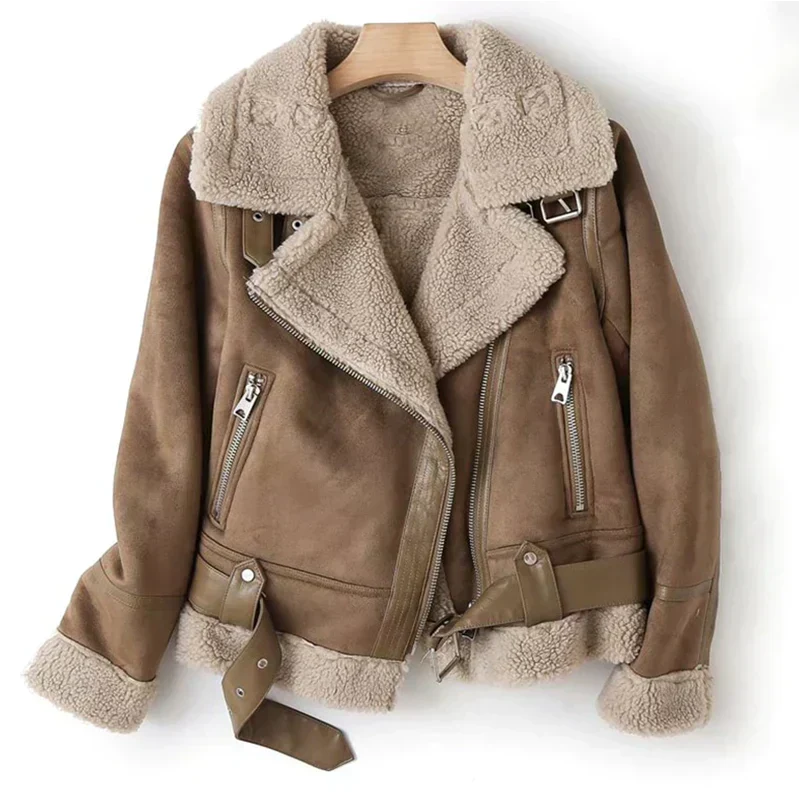 Women's Suede Sherpa-Lined Biker Jacket Faux-Shearling Collar Aviator Belted