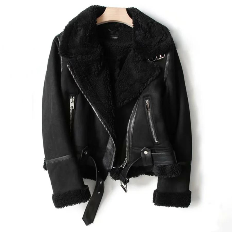 Women's Suede Sherpa-Lined Biker Jacket Faux-Shearling Collar Aviator Belted