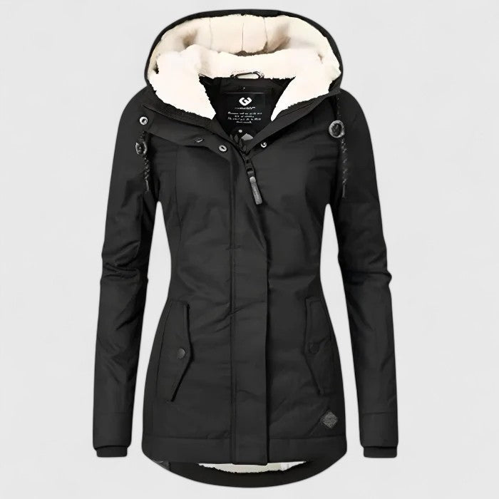 Women's Hooded Winter Coat Sherpa-Lined Zip-Up Mid-Length Warm Flattering