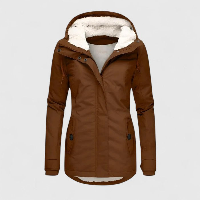Women's Hooded Winter Coat Sherpa-Lined Zip-Up Mid-Length Warm Flattering