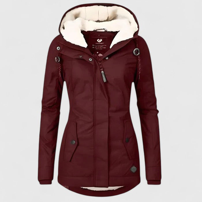 Women's Hooded Winter Coat Sherpa-Lined Zip-Up Mid-Length Warm Flattering