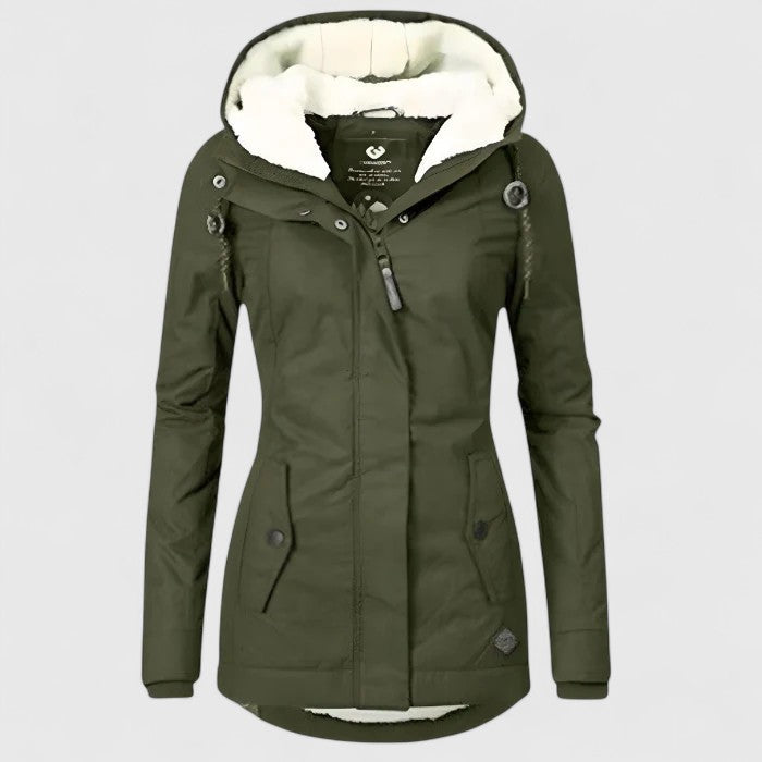 Women's Hooded Winter Coat Sherpa-Lined Zip-Up Mid-Length Warm Flattering