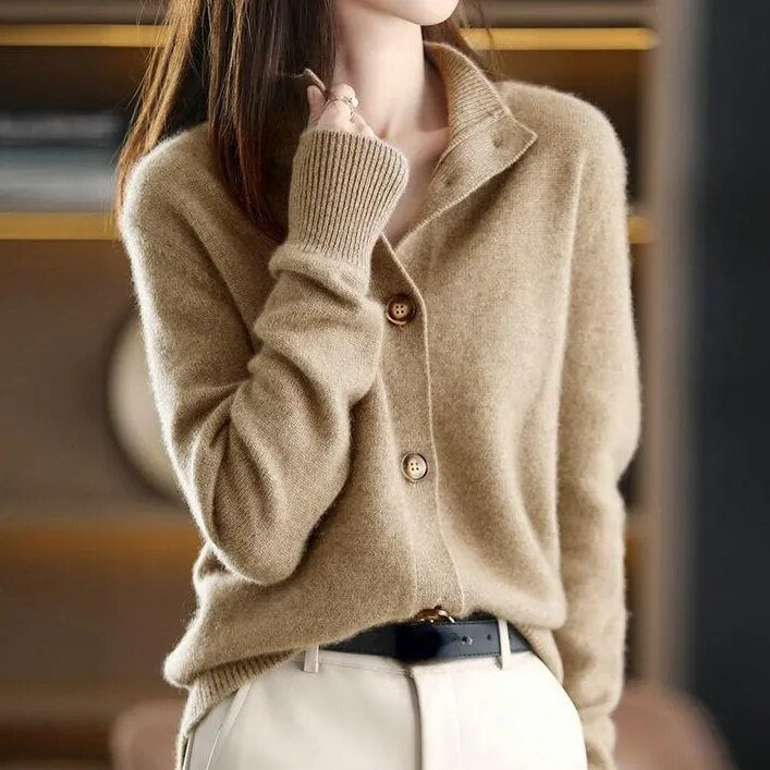 Women's Wool Button-Front Cardigan Spread Collar Relaxed Soft Long-Sleeve Knit
