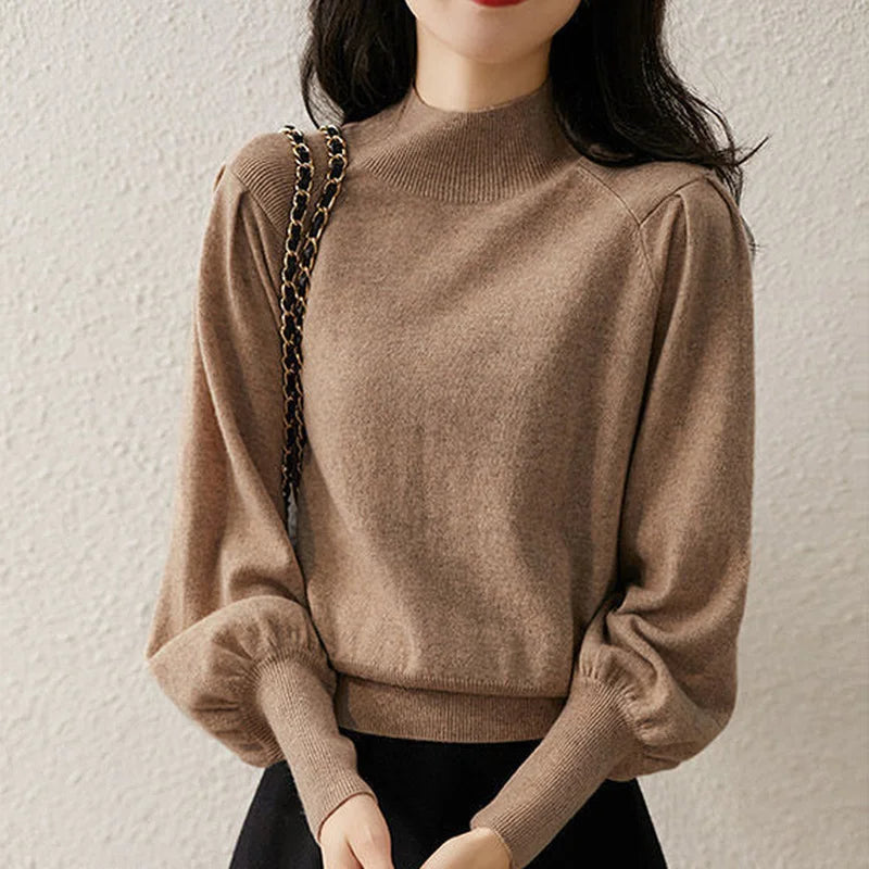 Women's Mock Neck Knit Top Bishop Sleeve Fine-Knit Fitted