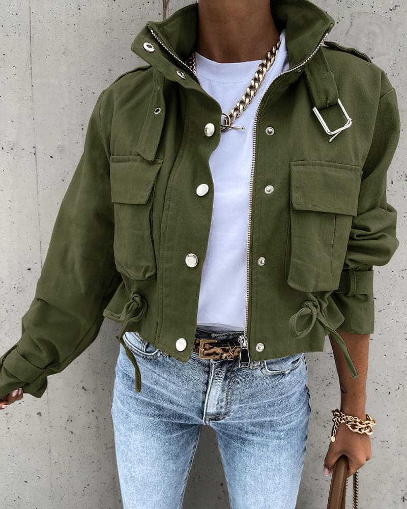 Women's Cropped Cargo Jacket Stand Collar Zip-Up Flap-Pocket Drawstring Relaxed