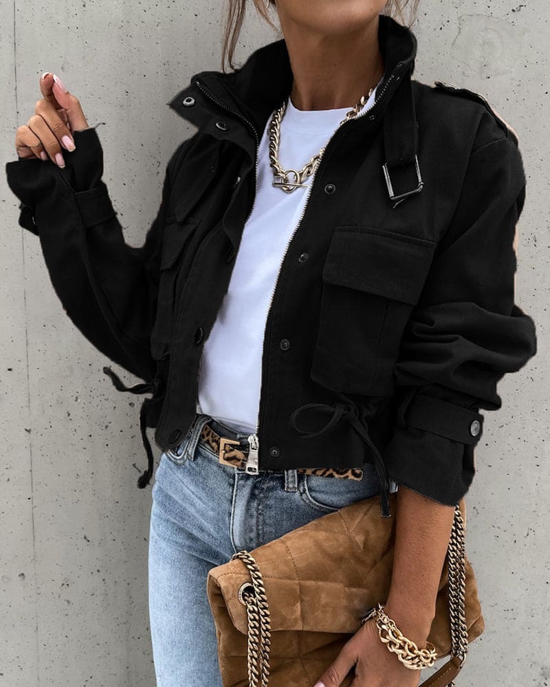 Women's Cropped Cargo Jacket Stand Collar Zip-Up Flap-Pocket Drawstring Relaxed