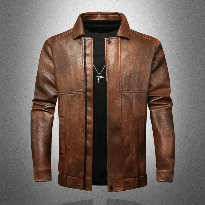 Men's Brown Faux Leather Jacket Spread Collar Zip-Up Classic Moto