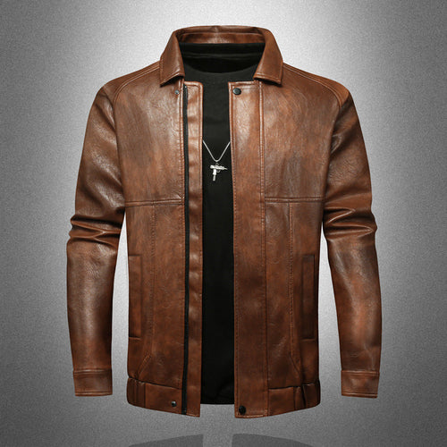 Men's Brown Faux Leather Jacket Spread Collar Zip-Up Classic Moto