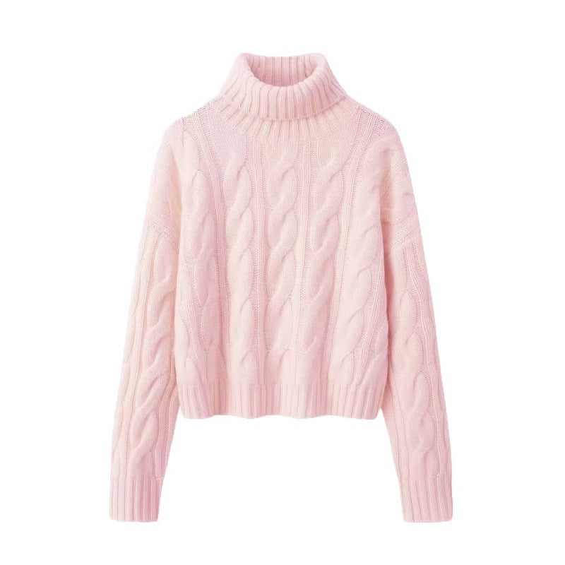 Women's Cropped Cable Knit Turtleneck Sweater Chunky Textured Relaxed