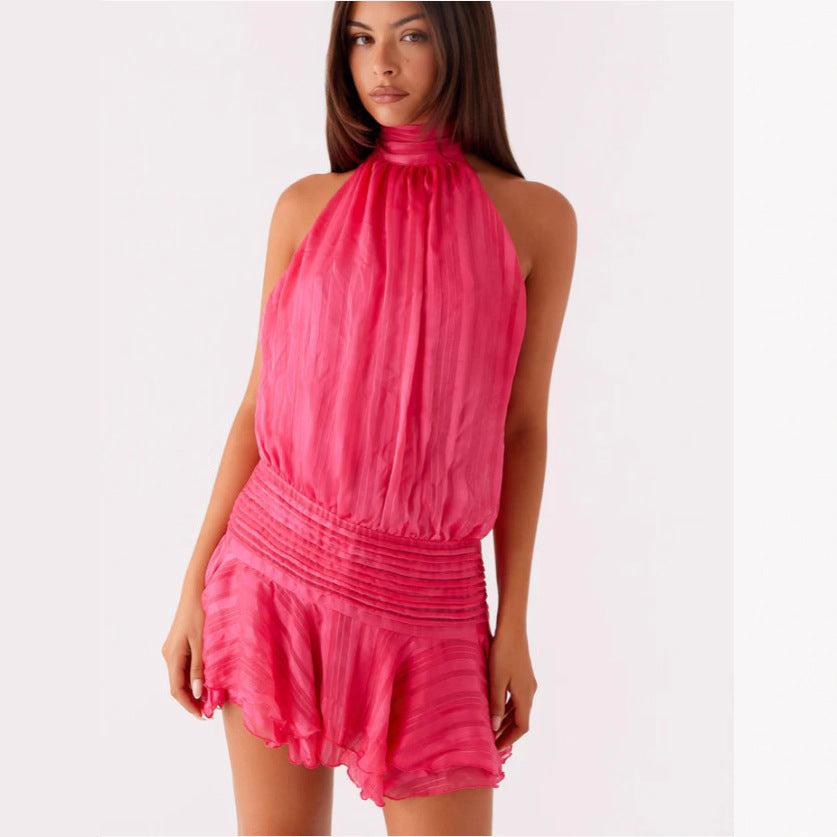 Women's Satin Halter Mini Dress High Neck Ruffle Hem Pleated Padded
