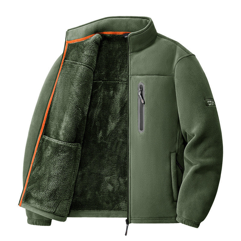 Men's Sherpa-Lined Fleece Jacket Stand Collar Full-Zip Zip-Pocket Warm