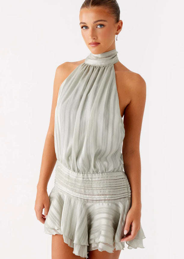 Women's Satin Halter Mini Dress High Neck Ruffle Hem Pleated Padded