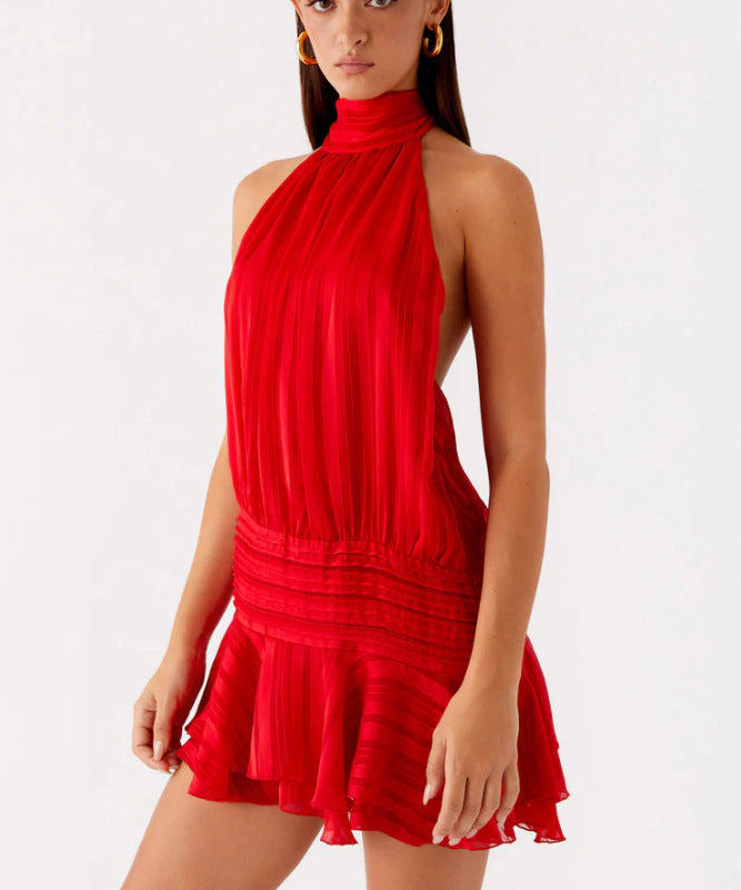 Women's Satin Halter Mini Dress High Neck Ruffle Hem Pleated Padded