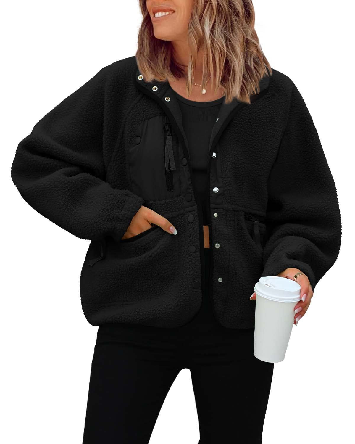 Women's Sherpa Fleece Jacket Snap-Button Zip-Pocket Stand-Collar Relaxed