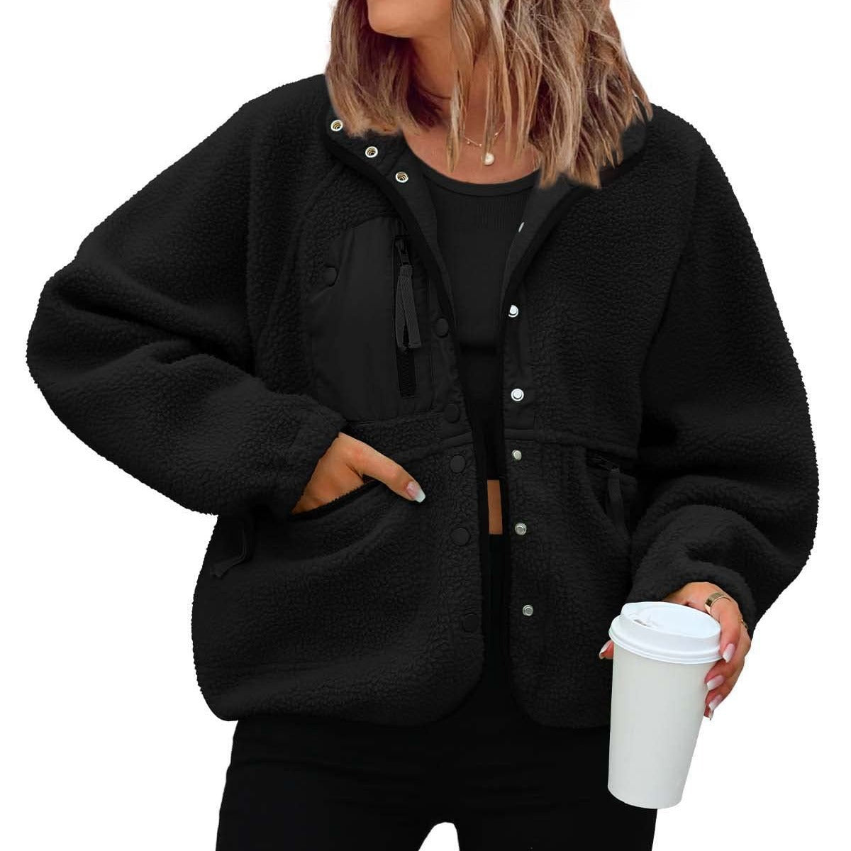 Women's Sherpa Fleece Jacket Snap-Button Zip-Pocket Stand-Collar Relaxed