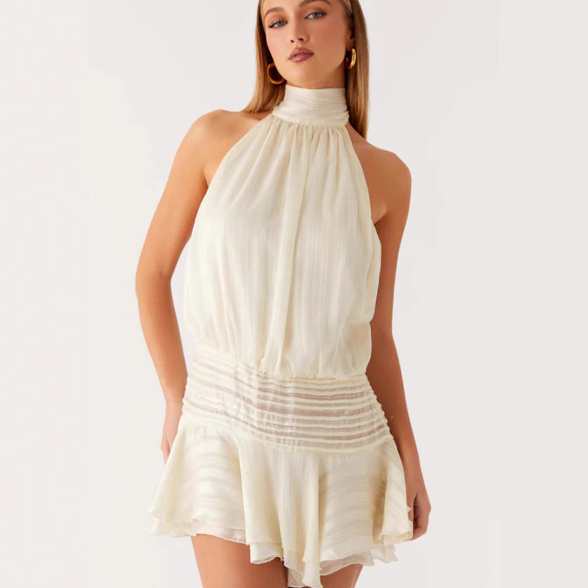 Women's Satin Halter Mini Dress High Neck Ruffle Hem Pleated Padded