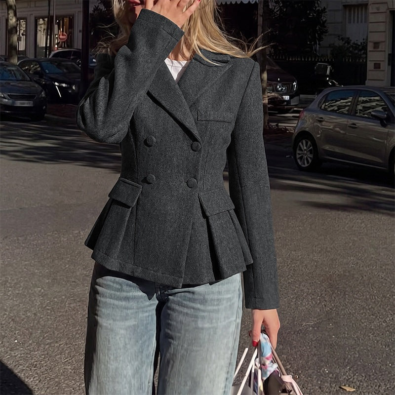 Women's Peplum Blazer Double-Breasted Notch Lapel Fitted Tailored Gray