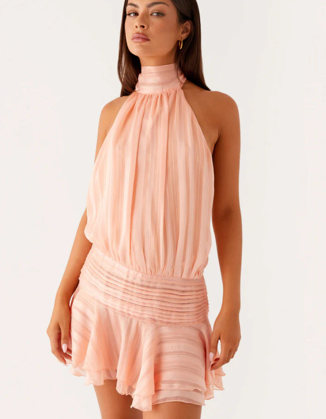 Women's Satin Halter Mini Dress High Neck Ruffle Hem Pleated Padded