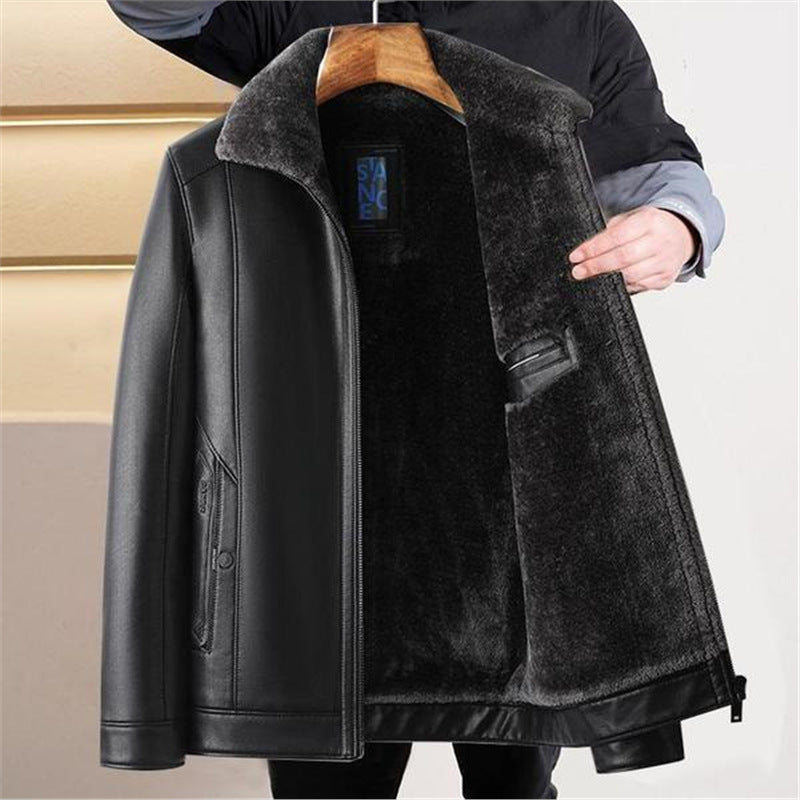 Men's Leather Jacket Faux-Shearling Collar Sherpa-Lined Zip-Up Warm Winter