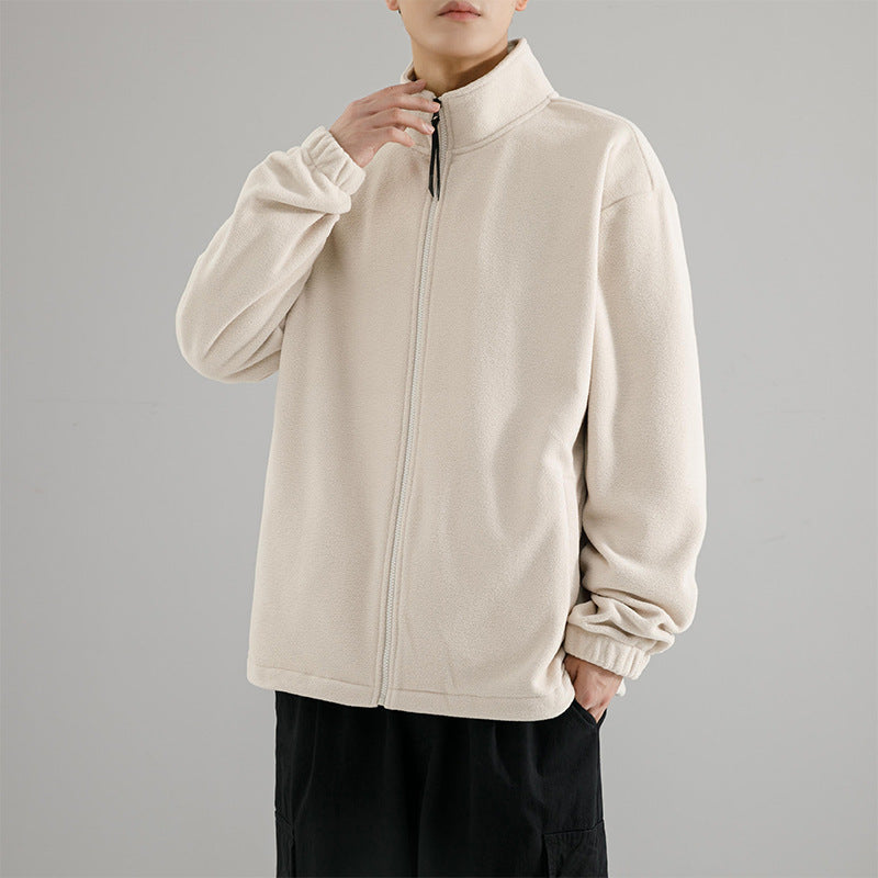 Men's Fleece Jacket Stand Collar Full-Zip Relaxed Soft Warm Minimalist