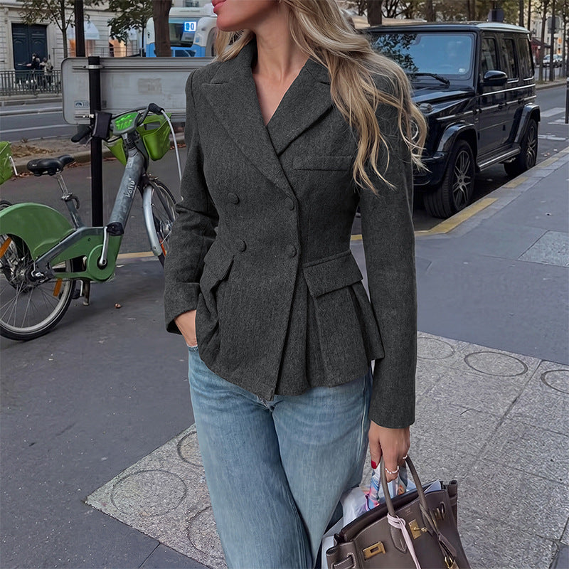 Women's Peplum Blazer Double-Breasted Notch Lapel Fitted Tailored Gray
