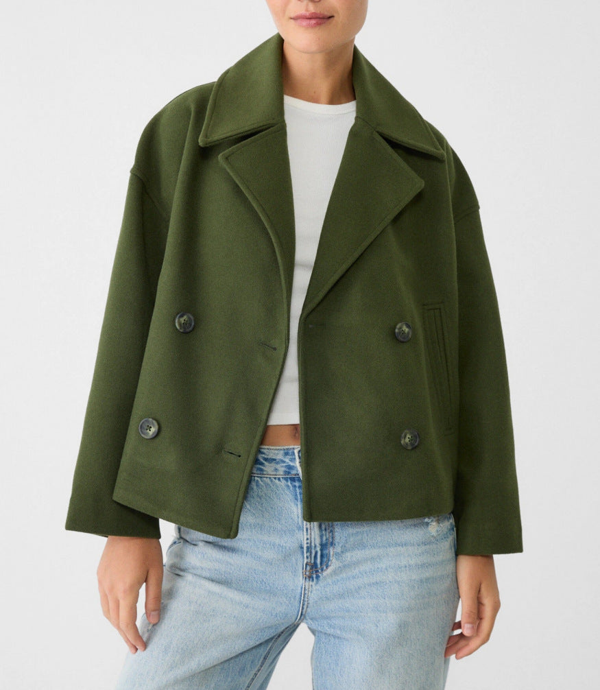 Women's Short Double-Breasted Wool Blend Peacoat with Oversized Lapels and Boxy Silhouette by Drune