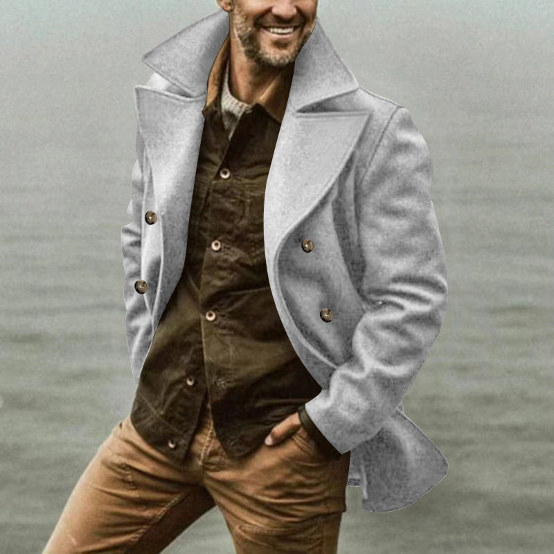 Men's Wool Blend Peacoat Double-Breasted Wide Lapel Mid-Length Tailored