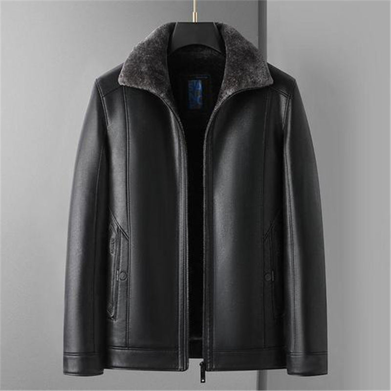 Men's Leather Jacket Faux-Shearling Collar Sherpa-Lined Zip-Up Warm Winter